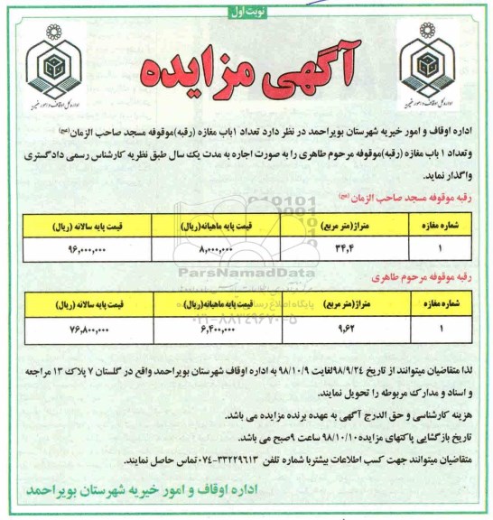 مزایده, مزایده تعداد 1 باب مغازه 