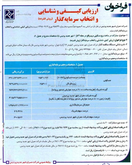 فراخوان, فراخوان ارزیابی کیفی و شناسایی و انتخاب سرمایه گذار