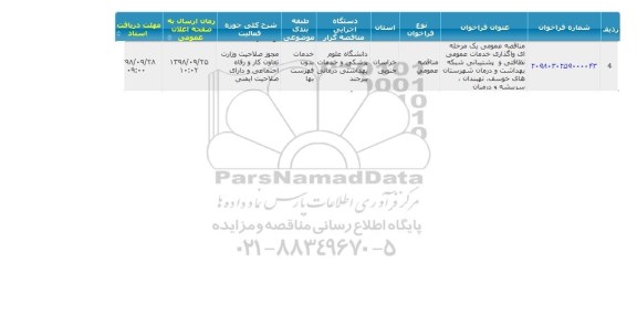 مناقصه, مناقصه  واگذاری خدمات عمومی نظافتی و پشتیبانی شبکه 