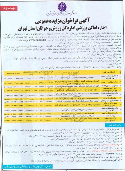 فراخوان مزایده عمومی، فراخوان مزایده اجاره اماکن ورزشی - نوبت دوم 