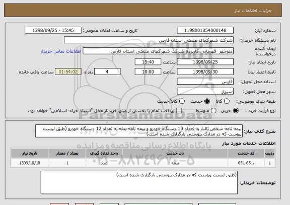 استعلام بیمه نامه شخص ثالث به تعداد 10 دستگاه خودرو و بیمه نامه بدنه به تعداد 12 دستگاه خودرو (طبق لیست پیوست که در مدارک پیوستی بارگزاری شده است)