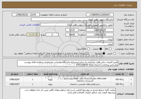استعلام تغییر کاربری سالن هیات عزاداری به سالن بدنساری دانشگاه براساس مشخصات و نقشه های پیوست براساس پرداخت با اسناد خزانه 1401/05/03 