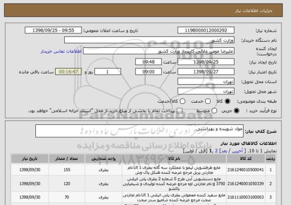 استعلام مواد شوینده و بهداشتی