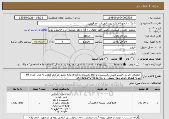 استعلام  عملیات اجرایی فنس کشی تاسیسات و چاه روستای رزجرد از توابع بخش مرکزی قزوین به طول حدود 64 متربه همراه اجرای دیوار سنگی  با برآورد326،971،063 ریال 