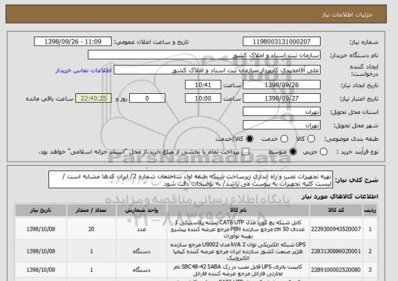 استعلام تهیه تجهیزات نصب و راه اندازی زیرساخت شبکه طبقه اول ساختمان شماره 2/ ایران کدها مشابه است / لیست کلیه تجهیزات به پیوست می باشد/ به توضیحات دقت شود