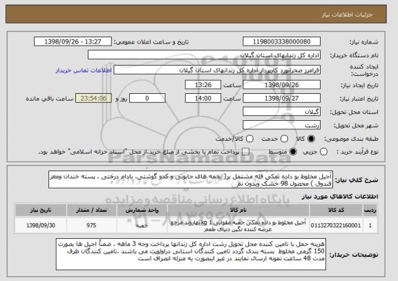 استعلام آجیل مخلوط بو داده نمکی فله مشتمل بر( تخمه های جابونی و کدو گوشتی، بادام درختی ، پسته خندان ومغز فندوق ) محصول 98 خشک وبدون نم