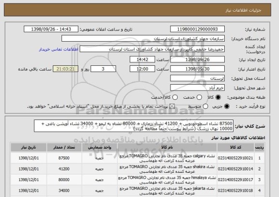استعلام 87500 نشاء اسطوخودوس + 41200 نشاء رزماری + 80000 نشاء به لیمو + 34000 نشاء آویشن باغی + 10000 نهال زرشک (شرایط پیوست حتماً مطالعه گردد)