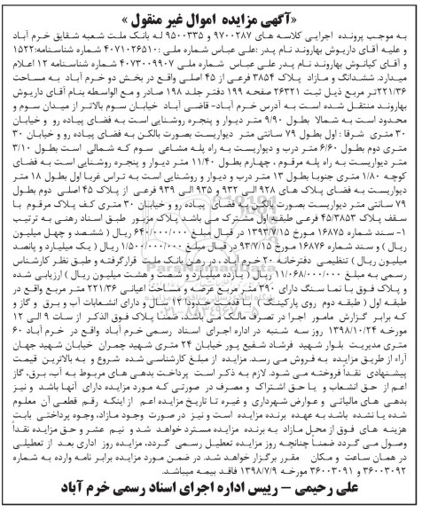 آگهی مزایده مزایده ششدانگ مازاد پلاک 3854 فرعی از 45 اصلی