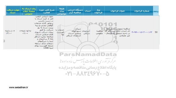 مناقصه, مناقصه احداث اتاقک ایستگاه گاز در ناحیه صنعتی