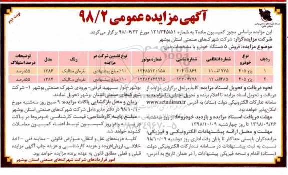 آگهی مزایده عمومی , مزایده فروش 5 دستگاه خودرو نوبت دوم 