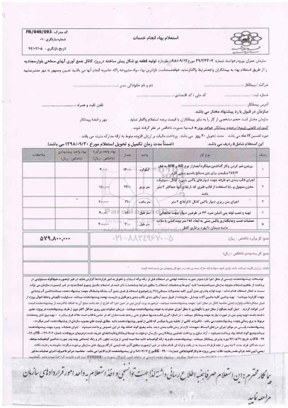 استعلام بها, استعلام بها تولید قطعه یو شکل پیش ساخته 