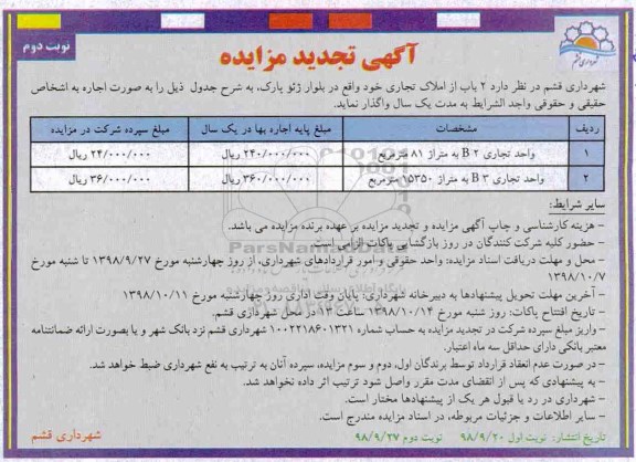 تجدید مزایده ,تجدید مزایده واگذاری 2 باب از املاک تجاری - نوبت دوم 