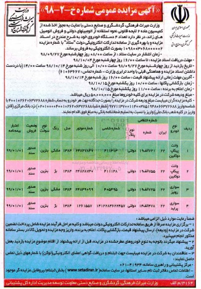 آگهی مزایده عمومی, مزایده فروش تعداد 4 دستگاه خودرو