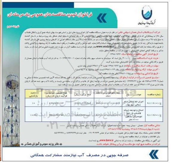 فراخوان مناقصه , تجدید فراخوان مناقصه اجرای خط انتقال ضلع شمالی شهر ...