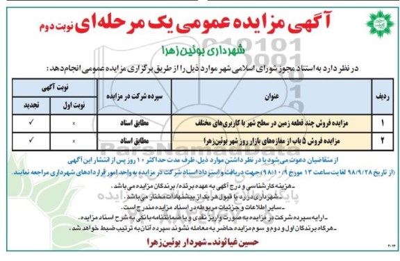 آگهی مزایده مزایده فروش چند قطعه زمین و 5 باب مغازه نوبت دوم