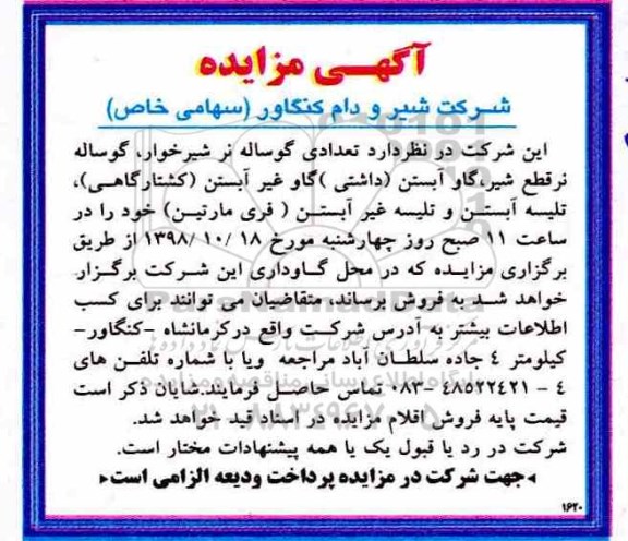آگهی مزایده , مزایده تعدادی گوساله نر شیرخوار ...