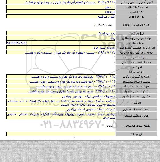 مناقصه بارگیری حمل و تخلیه مقدار۶۶۵۰ تن انواه نهاده کشاورزی از انبار سازمانی بوشهر به سایر نقاط در داخل و خارج استان