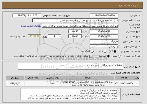 استعلام  قطعات کامپیوتر و کابل بشرح پیوست