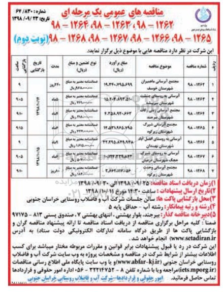 مناقصه های عمومی, مناقصه مجتمع آبرسانی و ...- نوبت دوم 