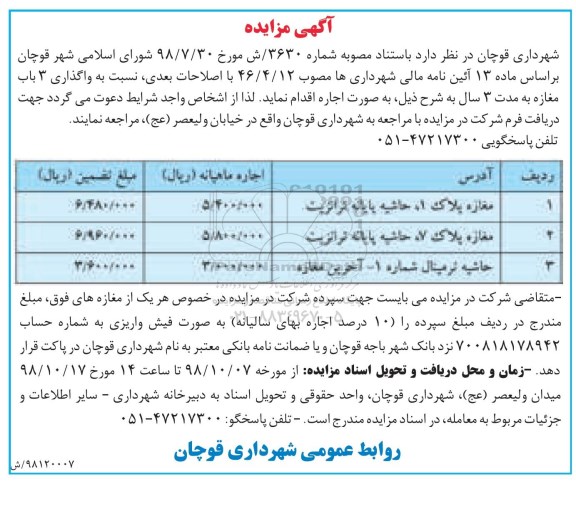 مزایده اجاره 3 باب مغازه