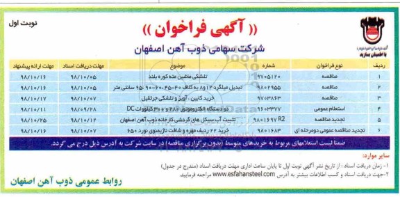 مناقصه,مناقصه تلشکی ماشین مته کوره بلند و ...