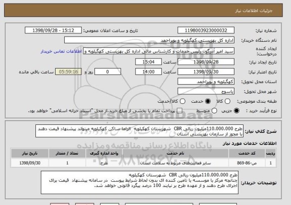 استعلام طرح 110.000.000میلیون ریالی CBR  شهرستان کهکیلویه  الزاما ساکن کهکیلویه میتواند پیشنهاد قیمت دهند با مجوز از سازمان بهزیستی استان  
