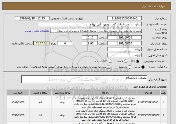 استعلام مصرفی آزمایشگاه