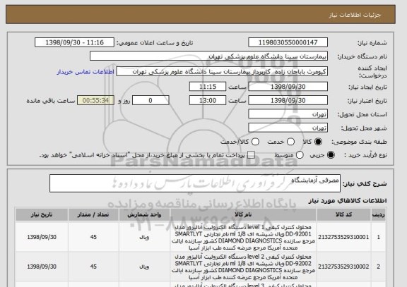 استعلام مصرفی آزمایشگاه