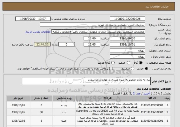 استعلام نیاز به لوازم التحریر به شرح مندرج در موارد درخواستی 