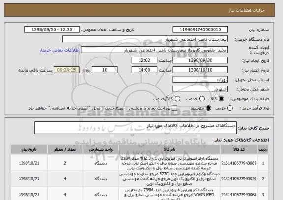استعلام دستگاهای مشروح در اطلاعات کالاهای مورد نیاز