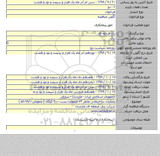 عملیات ساختمانی بخش ۶۳ کیلوولت پست ۴۰۰ گرگان ( عمومی ۹۸/۱-۵۸ )