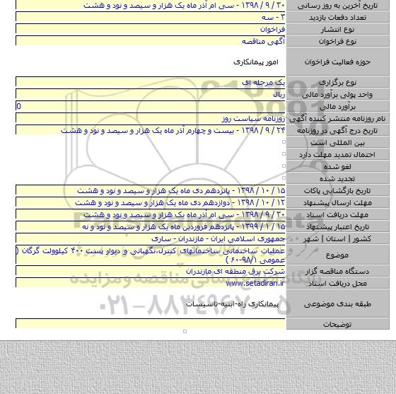 عملیات ساختمانی ساختمانهای کنترل،نگهبانی و دیوار پست ۴۰۰ کیلوولت گرگان ( عمومی ۹۸/۱-۶۰ )