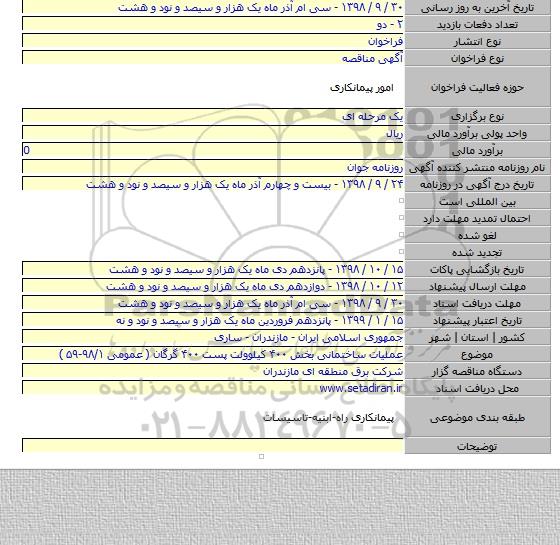 عملیات ساختمانی بخش ۴۰۰ کیلوولت پست ۴۰۰ گرگان ( عمومی ۹۸/۱-۵۹ )