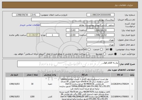 استعلام نیاز به اقلام فوق.