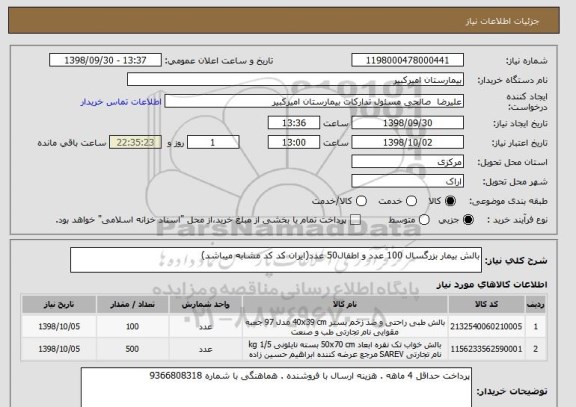 استعلام بالش بیمار بزرگسال 100 عدد و اطفال50 عدد(ایران کد کد مشابه میباشد)