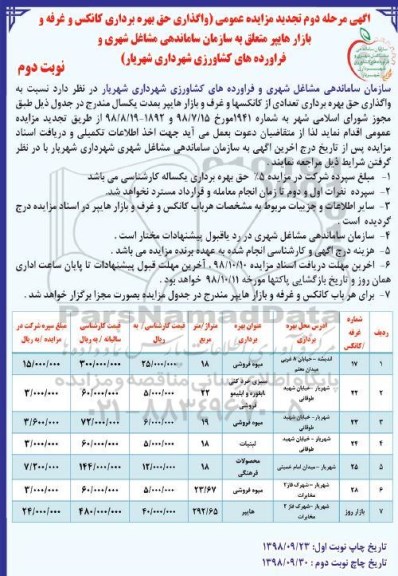 تجدید مزایده عمومی ، مزایده واگذاری حق بهره برداری کانکس و غرفه و بازار هایپر تجدید مرحله دوم نوب دوم