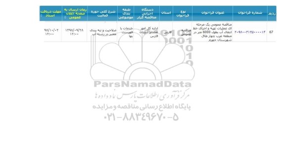 مناقصه, مناقصه عملیات تهیه و اجرای خط انتقال آب 