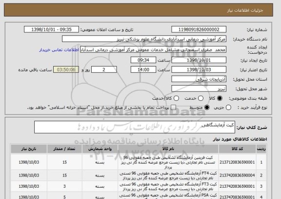 استعلام کیت آزمایشگاهی