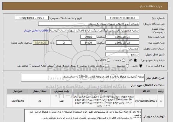 استعلام دریچه کامپوزیت همراه با قاب و قفل مربوطه کلاس 60-c 250  سانتیمتری