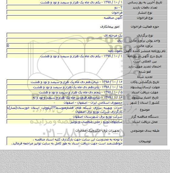 احداث وبهینه سازی شبکه های فشارمتوسط۳۳کیلوولت استان خوزستان(نصار)با کارگزاری شرکت توزیع برق اصفهان