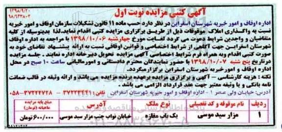 مزایده، مزایده کتبی واگذاری یک باب مغازه 