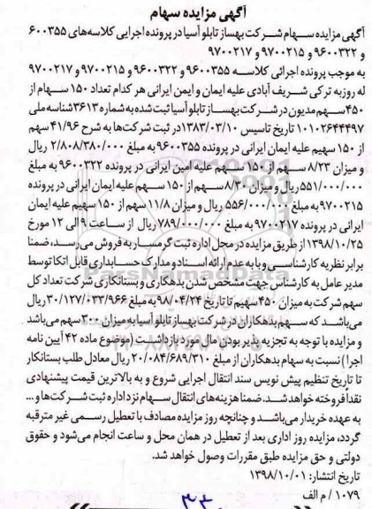 مزایده، مزایده فروش سهام شرکت بهساز تابلو آسیا