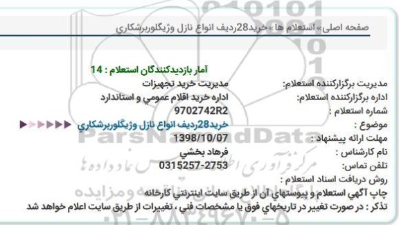 استعلام خرید 28 ردیف انواع نازل و ژیگلور برشکاری