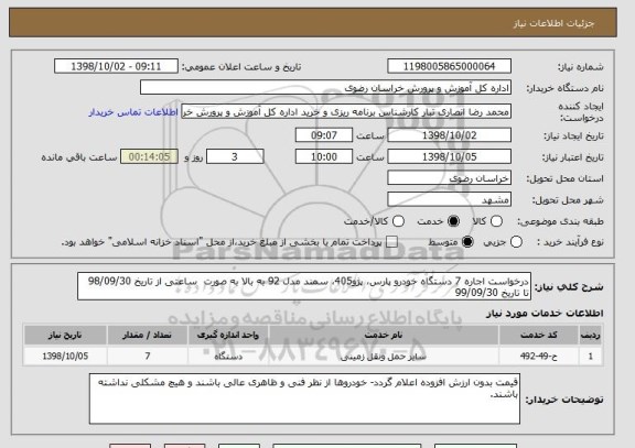 استعلام درخواست اجاره 7 دستگاه خودرو پارس، پژو405، سمند مدل 92 به بالا به صورت  ساعتی از تاریخ 98/09/30 تا تاریخ 99/09/30