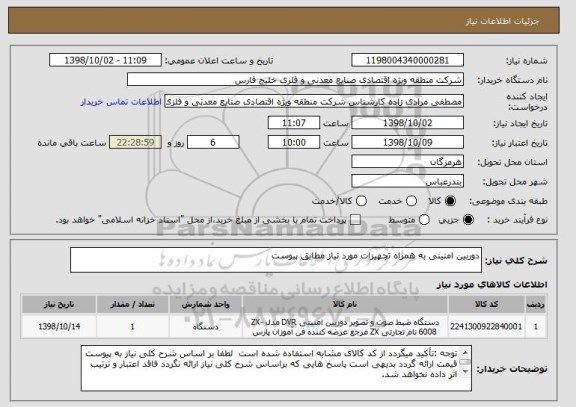 استعلام دوربین امنینی به همراه تجهیزات مورد نیاز مطابق پیوست 