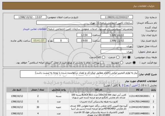 استعلام نیاز به لوازم التحریر ایرانی (اقلام مطابق ایران کد و تعداد درخواست شده با توجه به لیست باشد)  