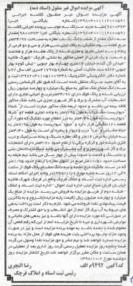 آگهی مزایده مزایده سه دانگ مشاع از ششدانگ یکباب مغازه 34.97 متر