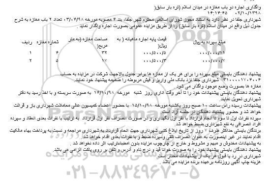 مزایده، مزایده اجاره تعداد 2 باب مغازه 