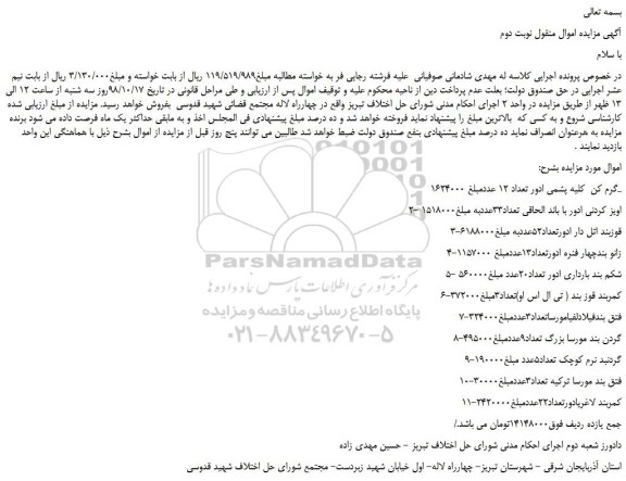 مزایده، مزایده فروش گرم کن کلیه پشمی ادور تعداد 12 عدد و... نوبت دوم