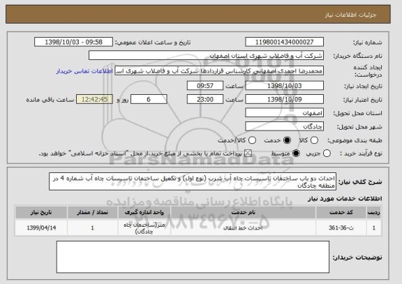 استعلام احداث دو باب ساختمان تاسیسات چاه آب شرب (نوع اول) و تکمیل ساختمان تاسیسات چاه آب شماره 4 در منطقه چادگان